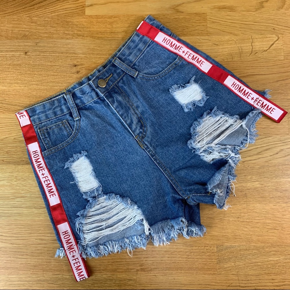 M Homme + Femme Distressed Jean Shorts